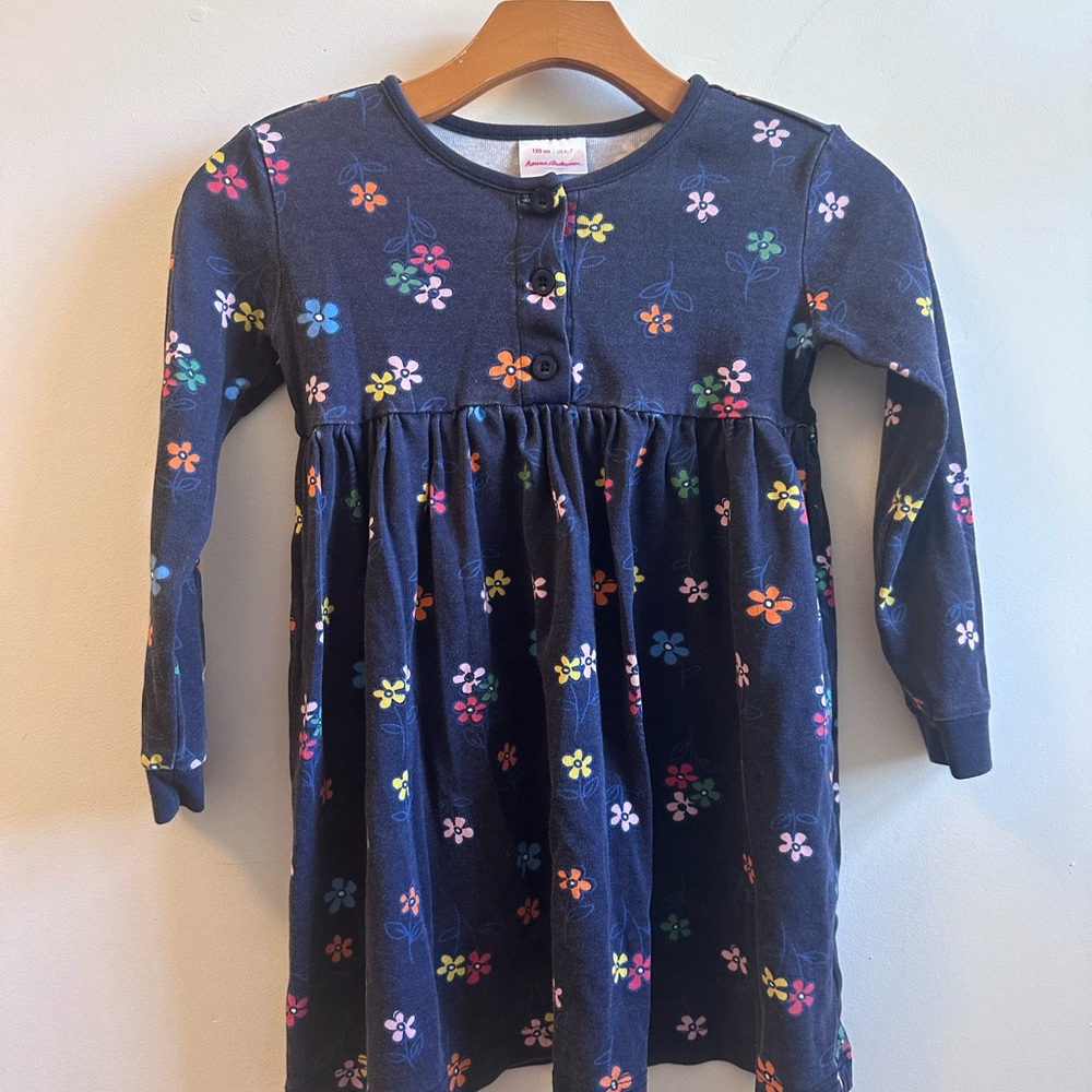 Hanna Andersson Girls' Long Sleeve Blue Dress With Multicolored Flowers Size 6-7